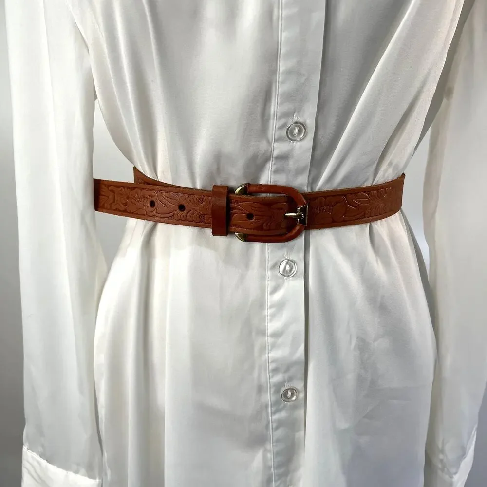 Tooled Leather Belt The Ritz Accessories Floral Motif Tan